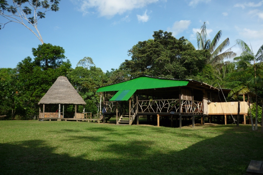Shiripuno Lodge dinner room, this places have several hammocks and at night its lighted by candles.